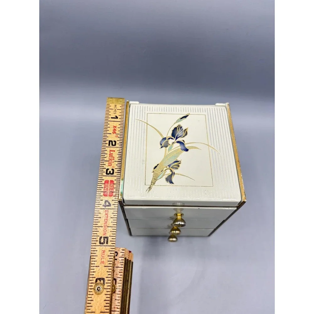 Vintage Otagiri Japan‎ Grand Iris Jewelry Box 3 Drawer Mirror Cream Lacquerware